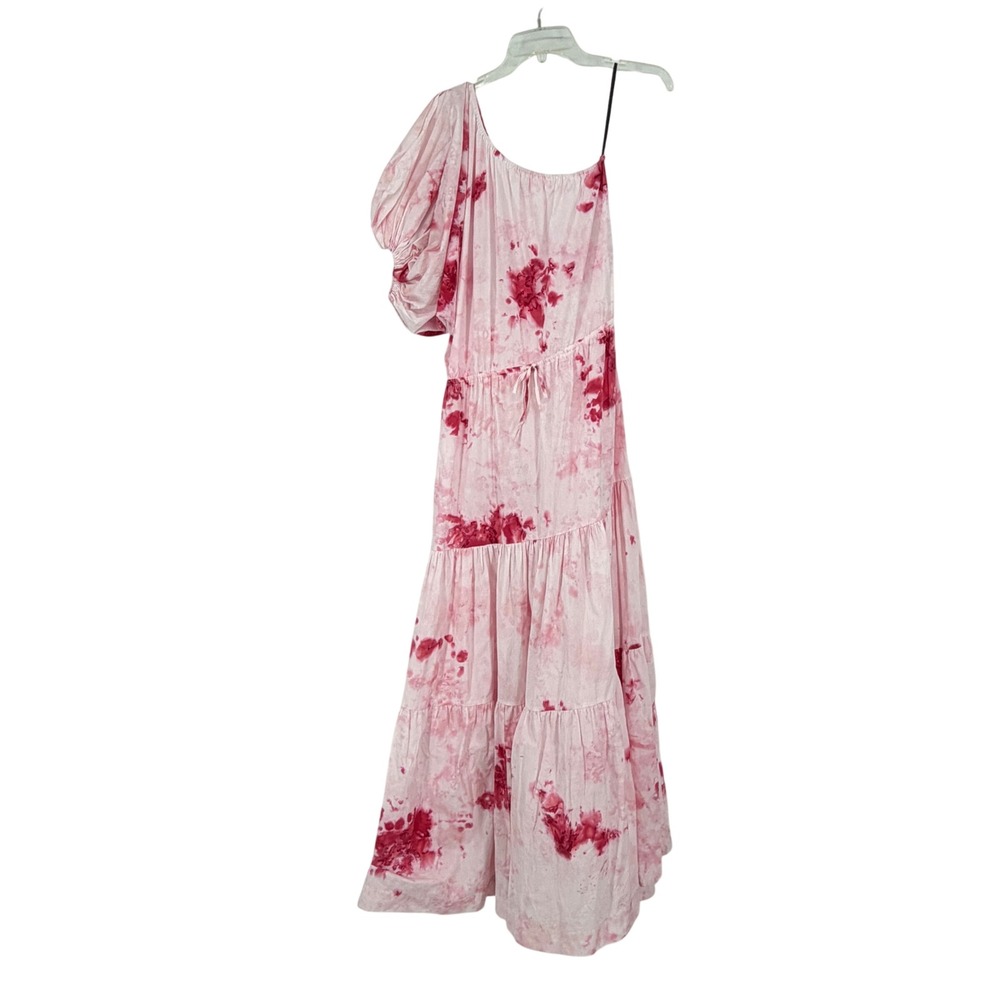 SWF Puglia One Shoulder Puff Sleeve Tiered Maxi Dress Pink Tie Dye Large NWT‎
